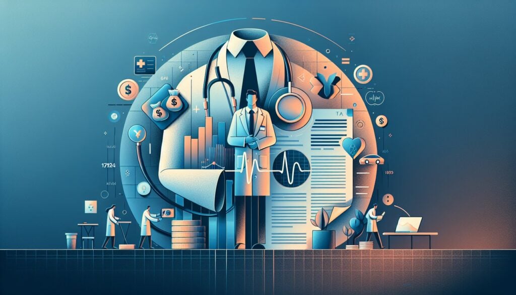 Preventive healthcare and medical technology illustration with doctors and health data analysis.
