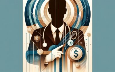 AI-powered healthcare technology concept with a doctor and digital financial icons.
