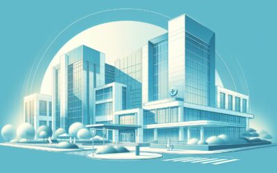 High-tech hospital building with modern glass architecture and medical facilities.