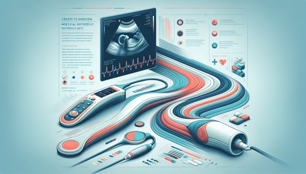 Ultrasound medical device with digital display and probes for diagnostic imaging.
