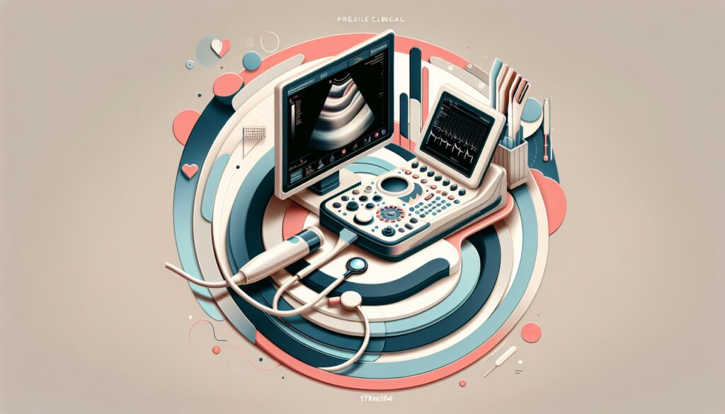 An ultrasound medical device with monitors and probes for diagnostic imaging.