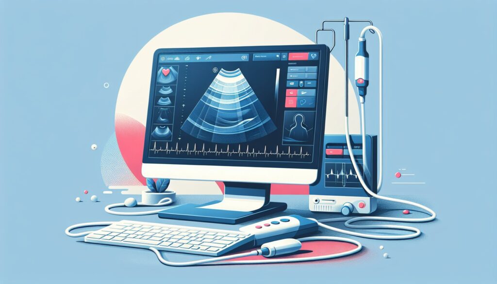 Ultrasound medical imaging device with monitor and probes for diagnostic purposes.