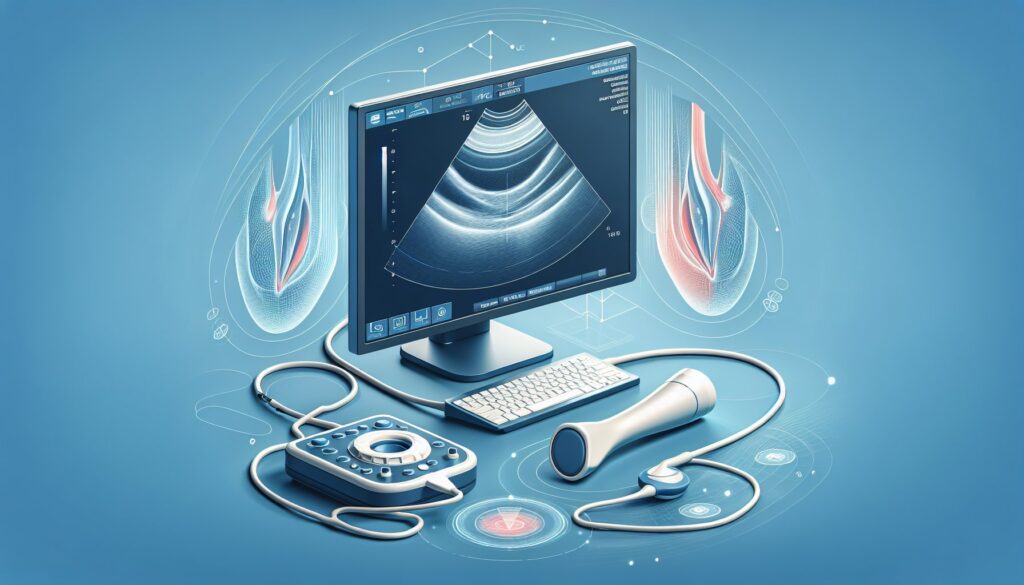 An ultrasound medical device displaying a fetal scan on the monitor.