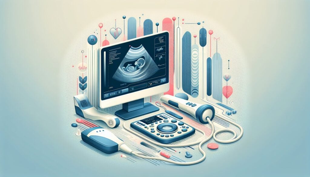 An ultrasound medical imaging device with a monitor displaying a fetus scan.