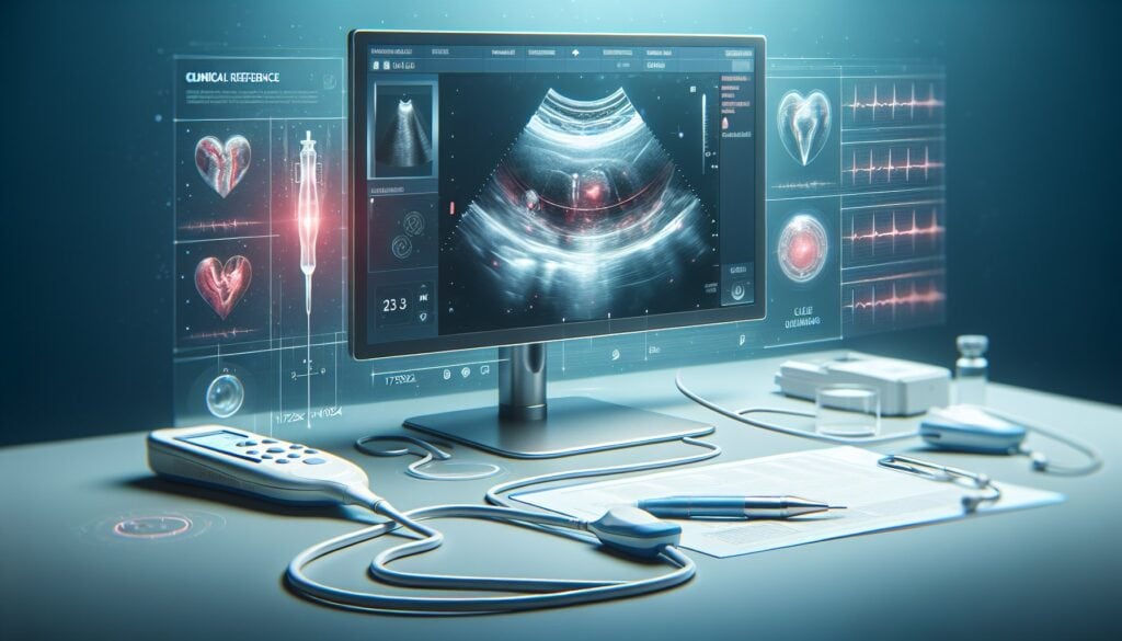 Ultrasound medical imaging device displaying heart and fetal scans for diagnostic purposes.