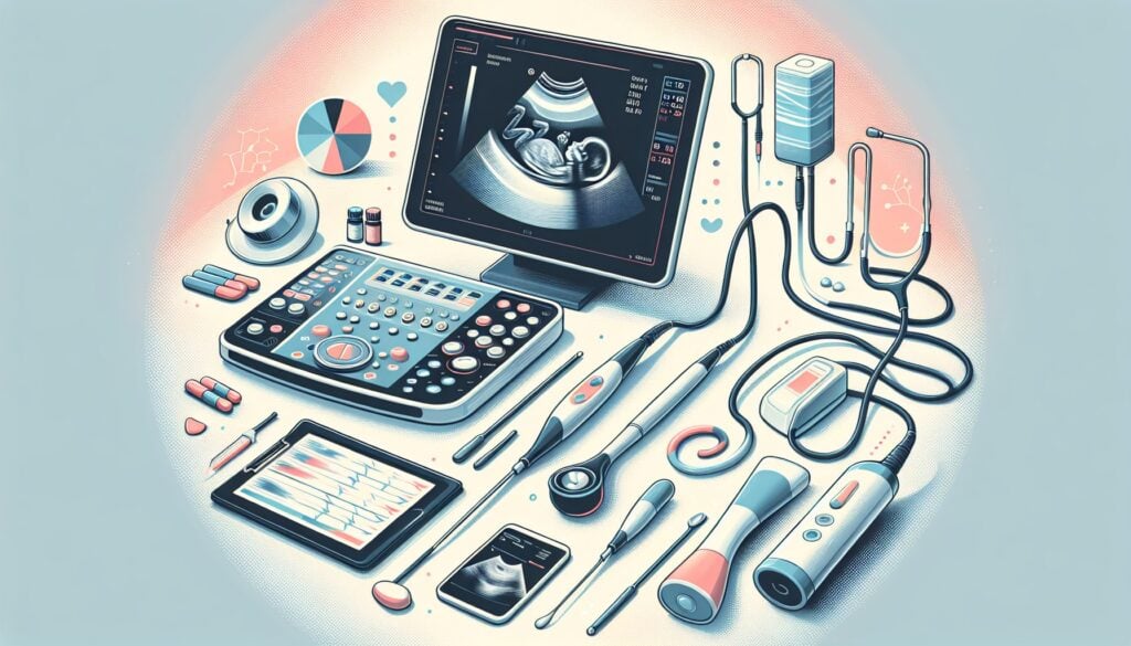 Ultrasound medical equipment with monitor, probes, and accessories for diagnostic imaging.
