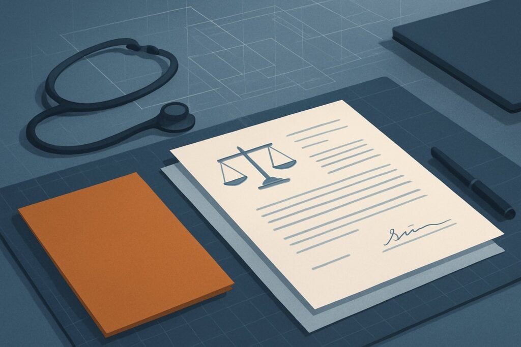 Legal document with scales of justice, stethoscope, and writing tools on a desk.