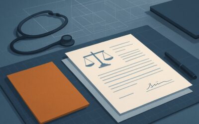 Legal document with scales of justice, stethoscope, and writing tools on a desk.
