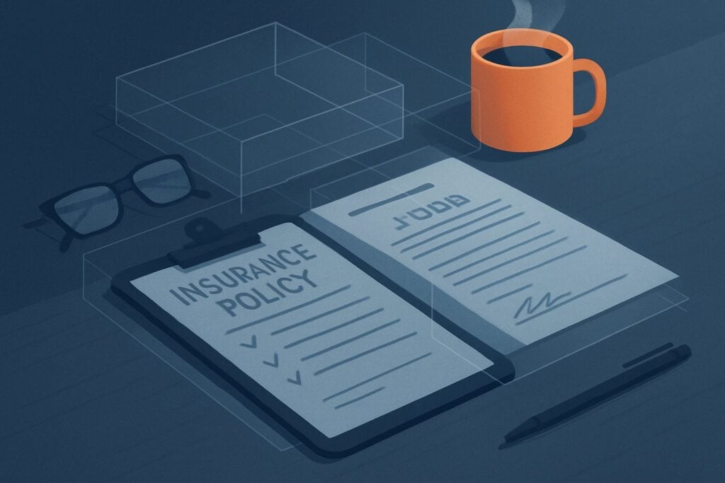 A detailed insurance policy document with glasses, a pen, and a coffee mug on a desk.
