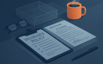 A detailed insurance policy document with glasses, a pen, and a coffee mug on a desk.