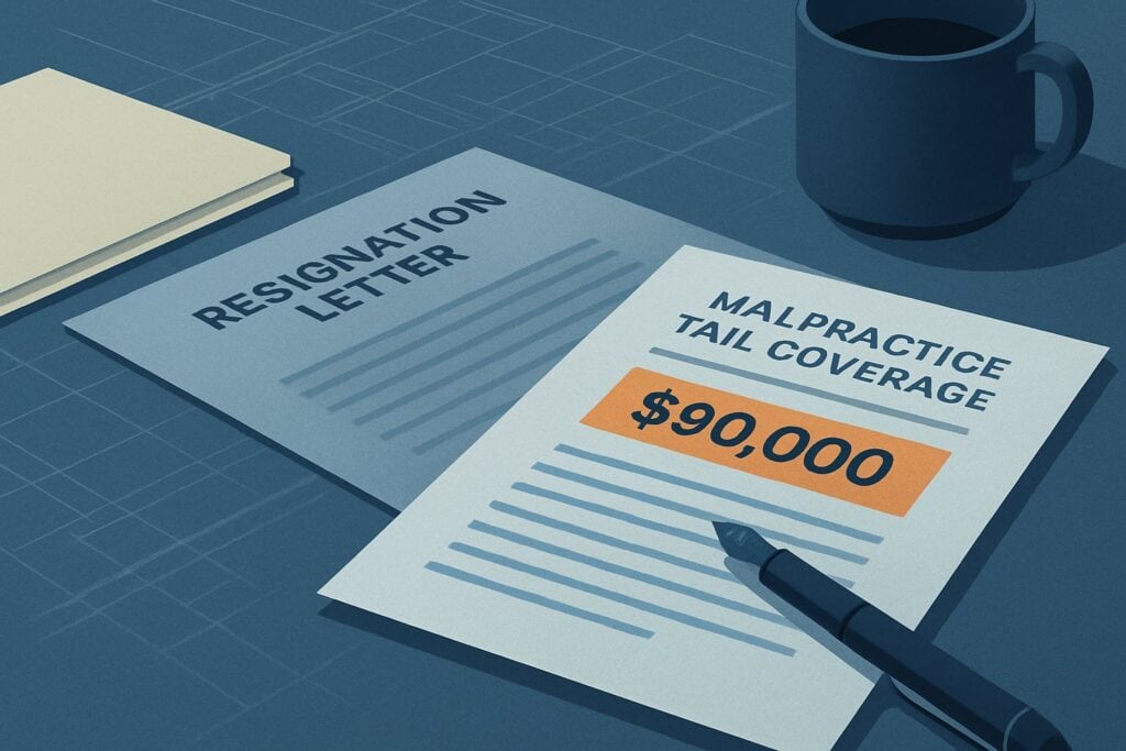 Resignation letter and malpractice claim document on a desk with a coffee mug and pen.