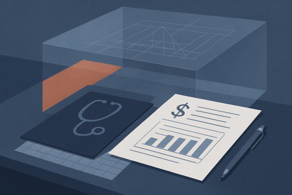 Medical and financial documents with a stethoscope and pen on a dark desk.