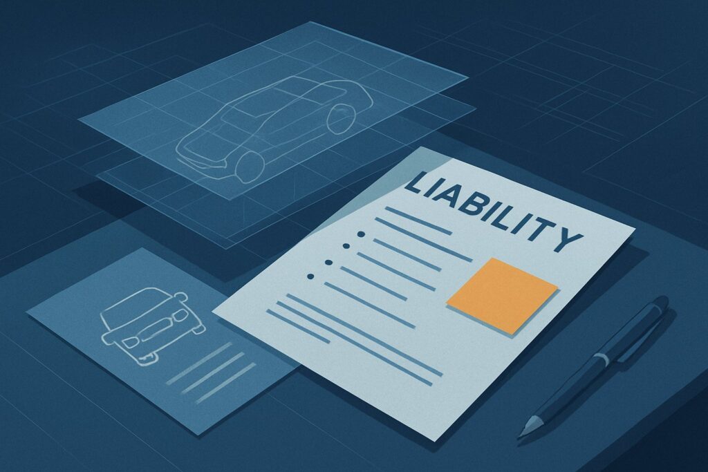 Digital liability document and car blueprint for insurance or legal purposes.