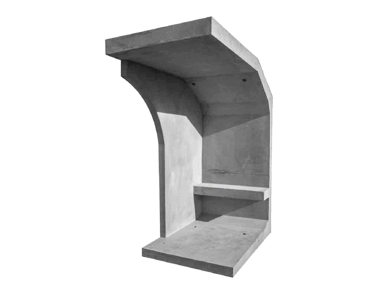 Precast concrete shelter with curved roof and built-in shelving, designed for durability and protection, suitable for various outdoor and industrial applications.
