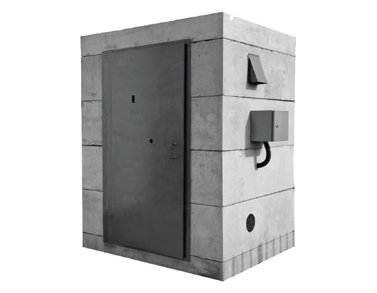 Precast concrete utility enclosure with electrical panel and cabling system for infrastructure projects.