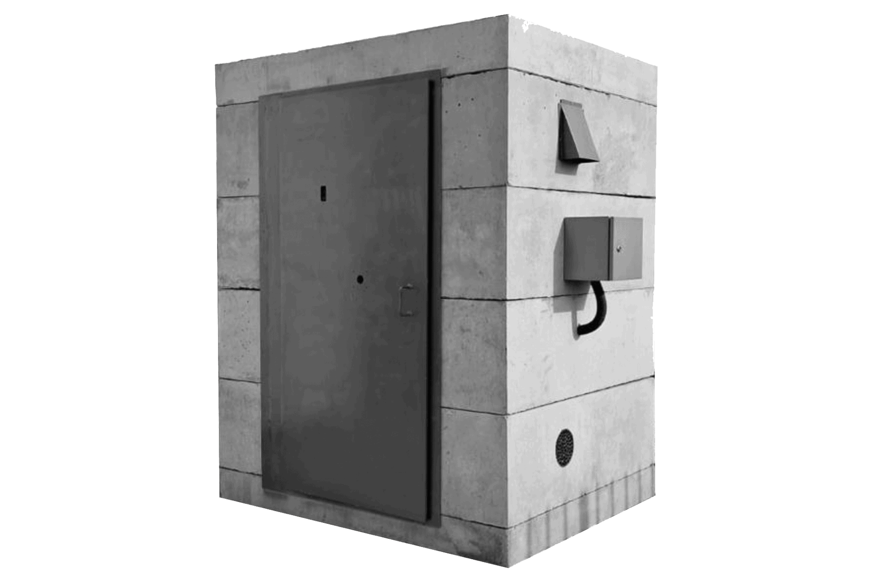 Precast concrete utility box with electrical and vent components, designed for durable infrastructure applications.