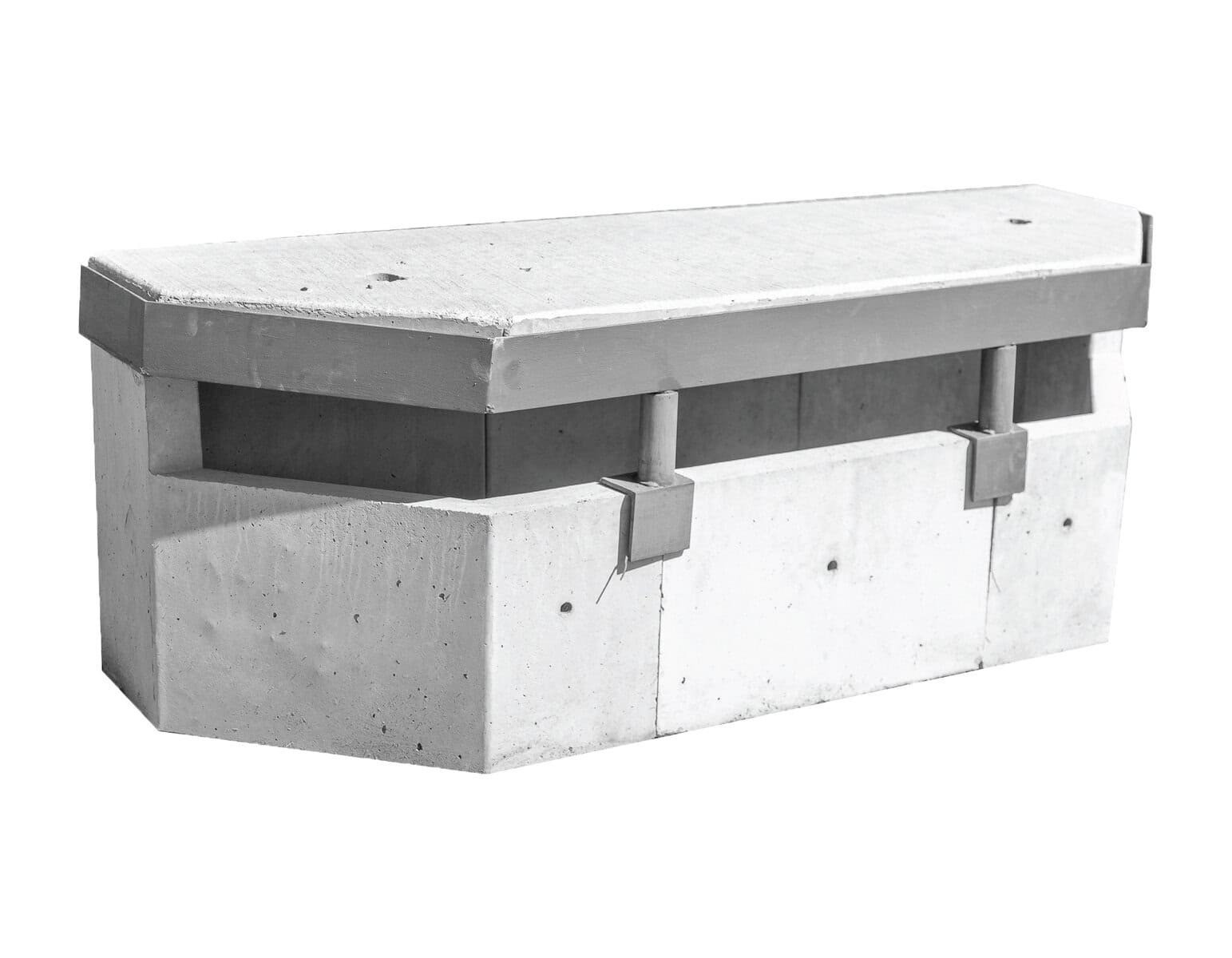 Precast concrete bench with steel supports, durable outdoor seating, industrial style, suitable for public spaces or parks, manufactured by Global Precast.