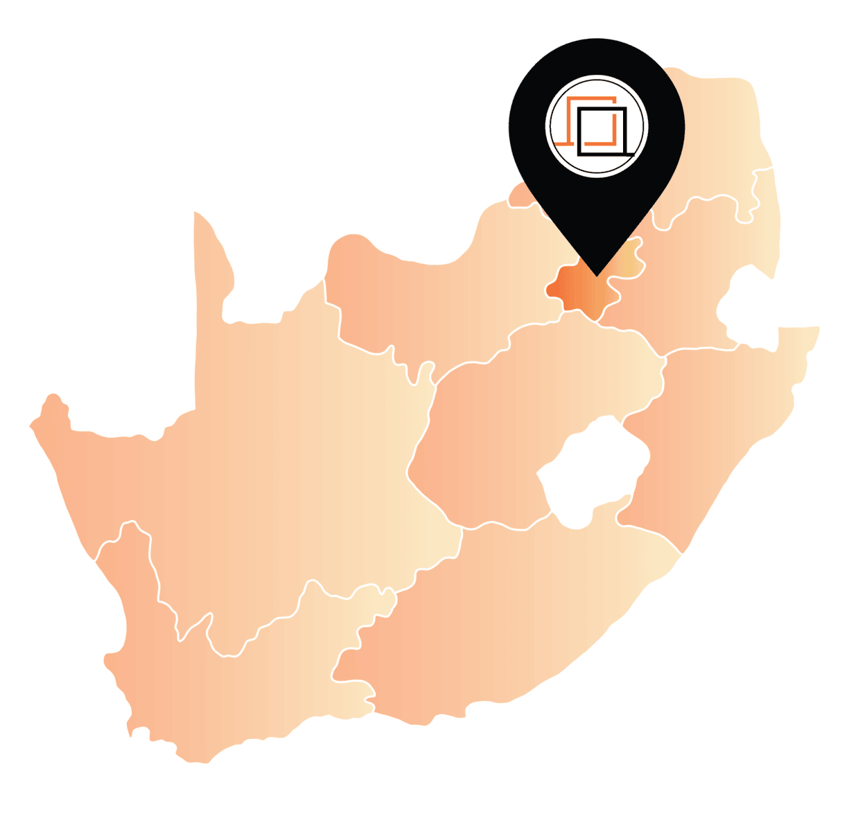 Map of South Africa with a location marker on Pretoria, Gauteng