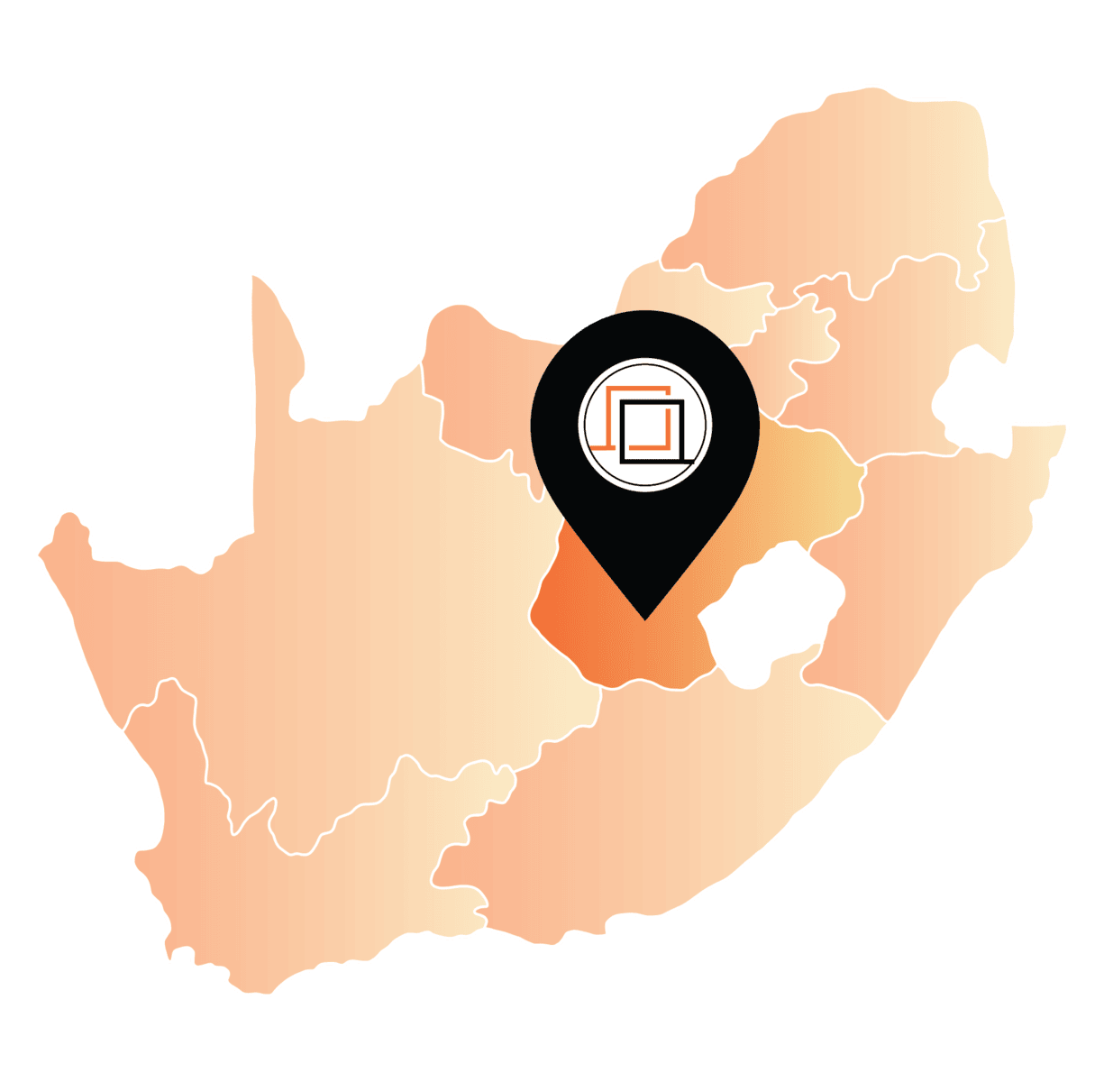 Map of South Africa with a location marker on Bloemfontein, Free State