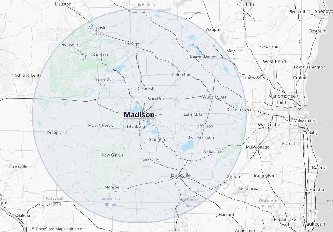 Map showing the Go Exteriors service area centered around Madison, Wisconsin, reaching towns like Sun Prairie, Janesville, and Watertown.
