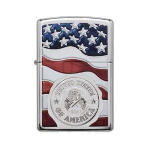 American flag Zippo lighter with stars and stripes design, patriotic USA-themed accessory.