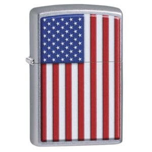 Zippo lighter featuring a detailed American flag design with stars and stripes.