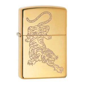 Gold lighter featuring a detailed tiger illustration, perfect for dog lovers and collectors.