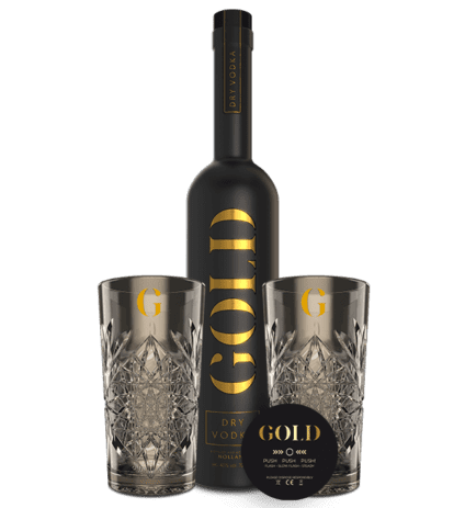 GOLD DRY Vodka Set met fles 70cl 2 glazen en LED lampje