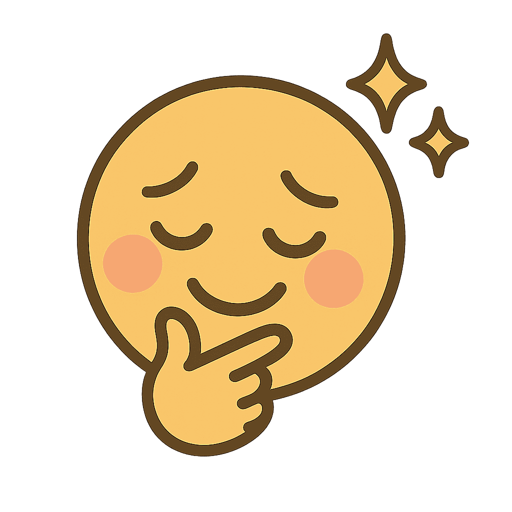Thinking emoji with hand on chin, contemplating, dreamer mood, illustration style, suitable for ideas, creativity, reflection, and making decisions, related to photography and artistic expression.