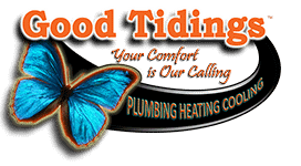 Logo for Good Tidings Plumbing, Heating, and Cooling with a blue butterfly and the slogan "Your Comfort is Our Calling.