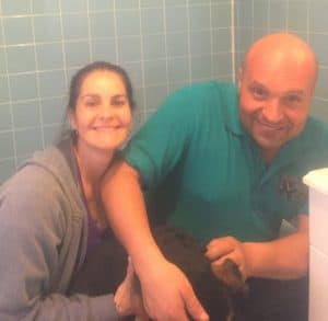 %Focuskw% | Good Tidings Plumbing, Heating &Amp; Cooling A woman and a man are smiling at the camera while holding a dog inside a tiled bathroom.