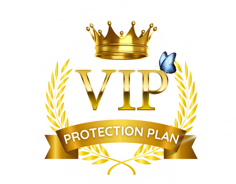 Gold VIP text with a crown, blue butterfly, and laurel wreath, above a gold ribbon labeled "Protection Plan" on a white background.