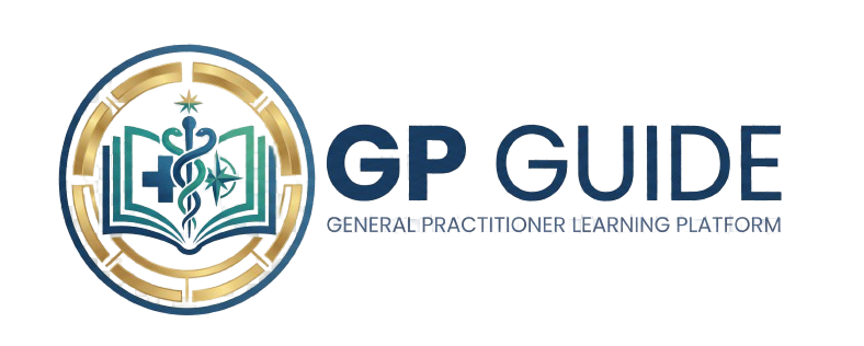 GP GUIDE logo: circular gold ring enclosing an open book with a caduceus, beside the blue 'GP GUIDE' wordmark.