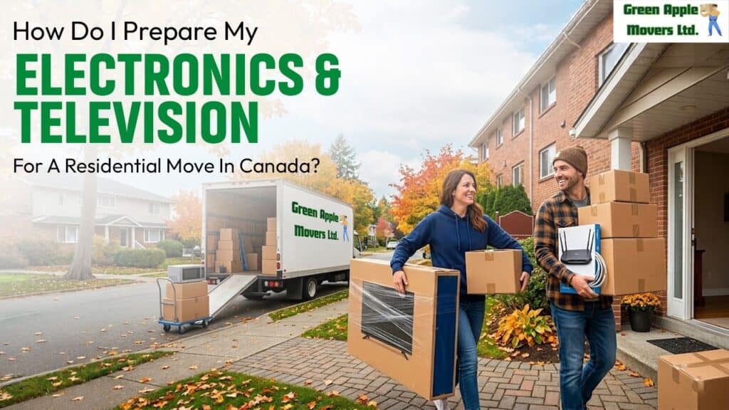 Two movers carrying boxes and a TV outside a house during a residential move in Canada.
