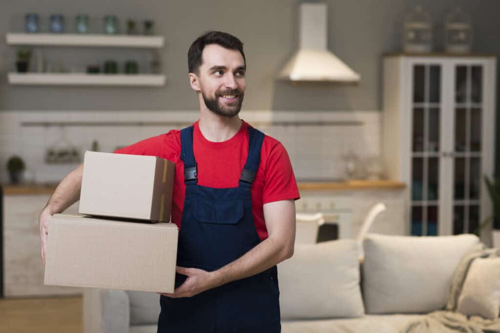 Mover holding boxes in a modern living room for local moving services.