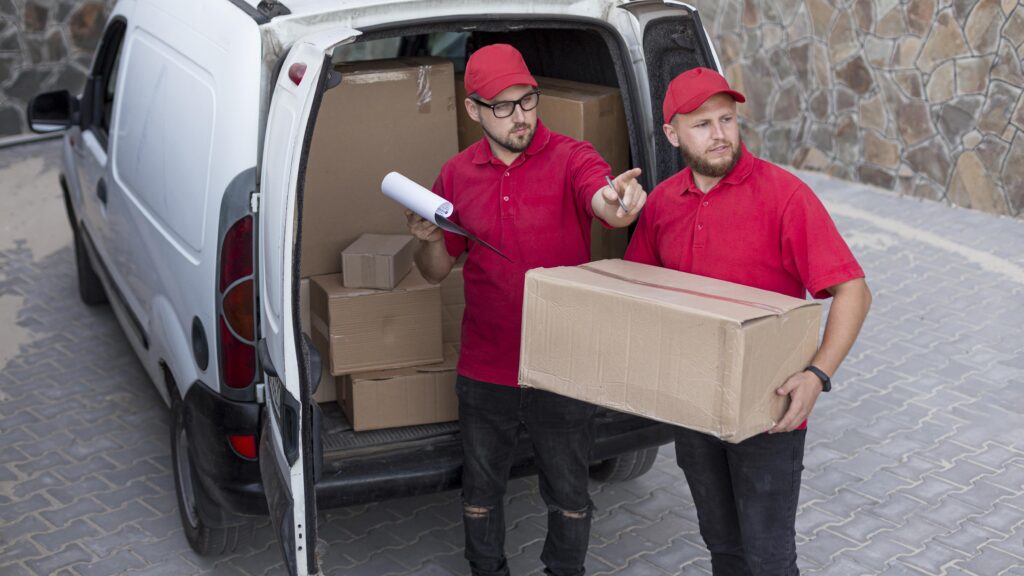 Movers in Fort Qu’Appelle loading boxes into a van.