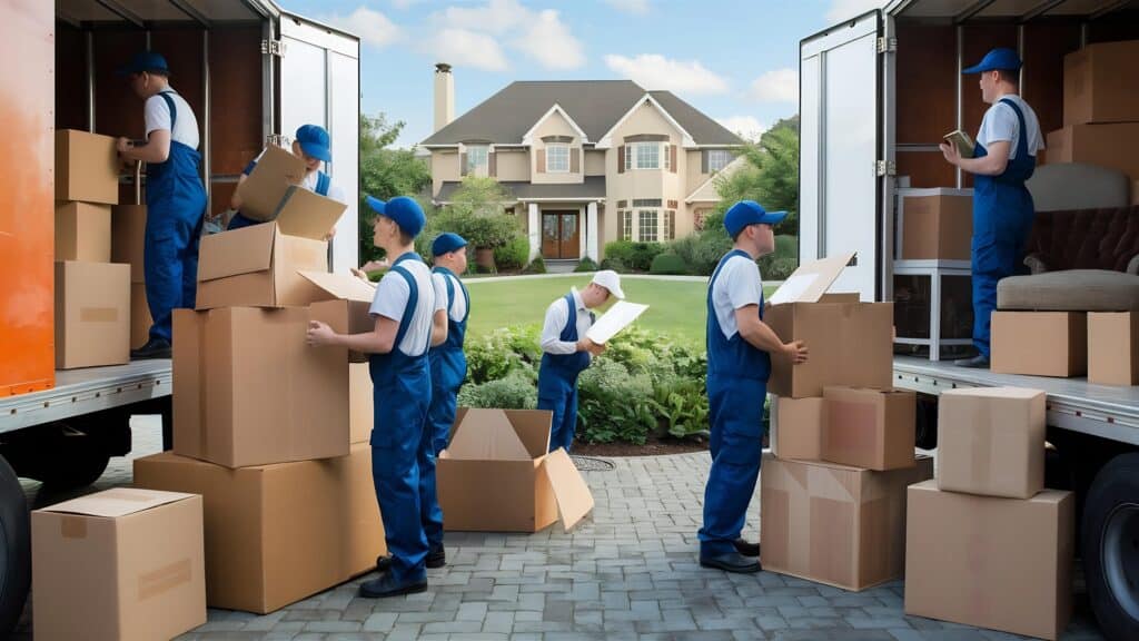 Movers packing boxes outside a house in Fort Qu’Appelle for relocation.