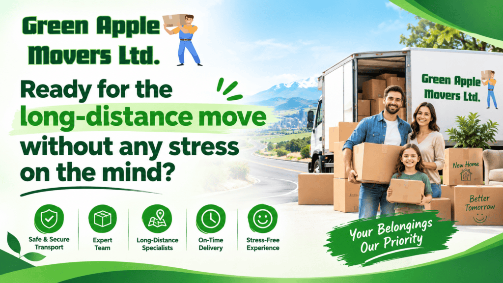 Green Apple Movers team with moving truck and boxes outdoors in a scenic setting.