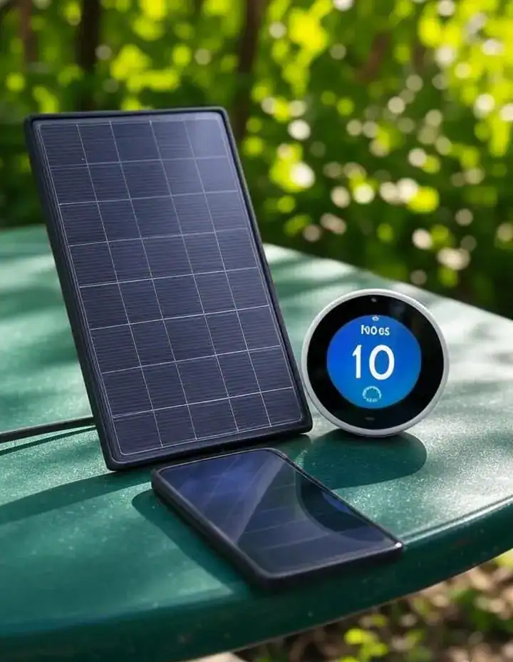 Eco-friendly tech gadgets for a sustainable lifestyle featuring a solar-powered charger and smart thermostat on a green background