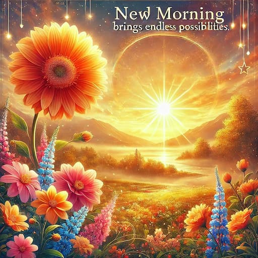A dreamy and enchanting digital illustration of a sunrise casting golden hues over a serene landscape filled with lush greenery and vibrant flowers. The text "New Morning brings endless possibilities." is beautifully placed at the top, enhancing the inspirational and hopeful mood of the image.