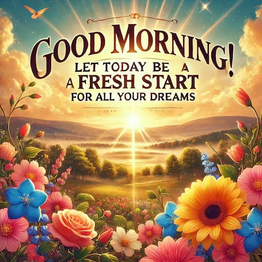 A breathtaking digital illustration of a sunrise casting golden light over a peaceful landscape, surrounded by colorful flowers and lush greenery. The text "Good Morning! Let today be a fresh start for all your dreams." is prominently displayed, adding an uplifting and motivational touch to the scene.