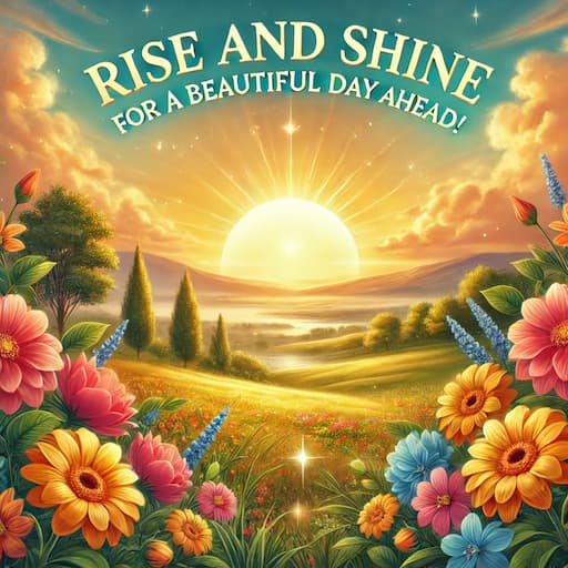 A vibrant and uplifting digital illustration of a sunrise over a scenic landscape, with golden rays illuminating rolling hills, lush greenery, and colorful flowers in the foreground. The text "Rise and Shine for a Beautiful Day Ahead!" is elegantly placed at the top, enhancing the cheerful and motivational theme.