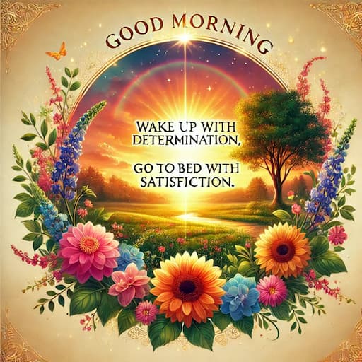 A beautifully designed digital artwork featuring a radiant sunrise within a floral frame, symbolizing a fresh start to the day. The text "Good Morning. Wake up with determination, go to bed with satisfaction." is elegantly placed, inspiring motivation and positivity.