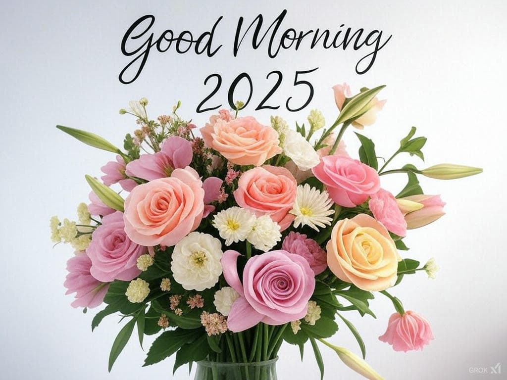 Beautiful good morning 2025 greeting card with a vibrant flower bouquet on a soft pastel background.