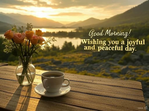 Beautiful good morning image with a steaming cup of coffee, fresh flowers, and a peaceful sunrise over mountains.