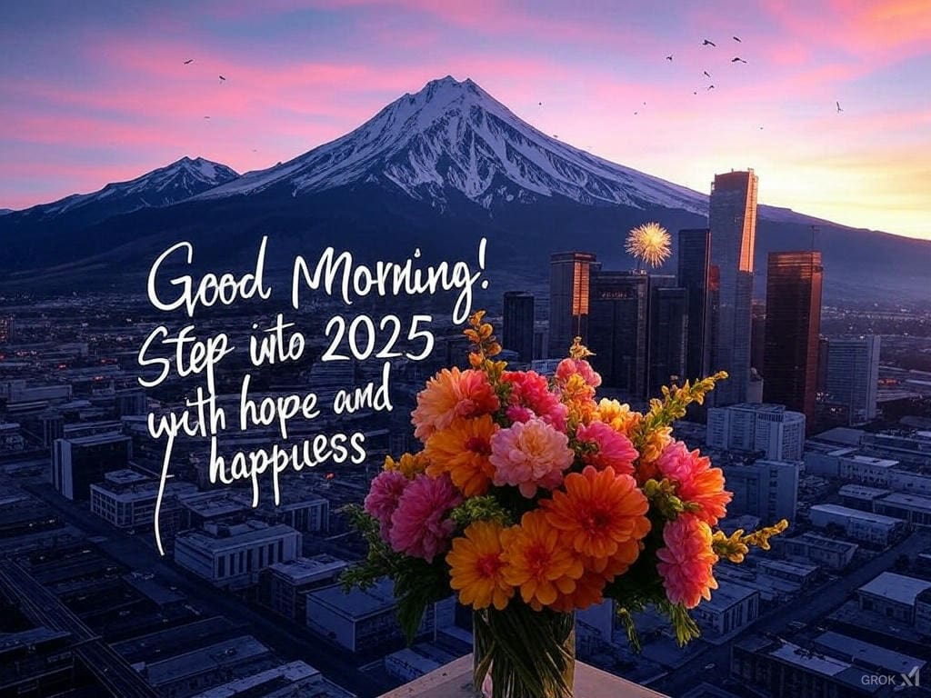 Breathtaking good morning 2025 view of snow-capped mountains with birds and a hopeful quote.