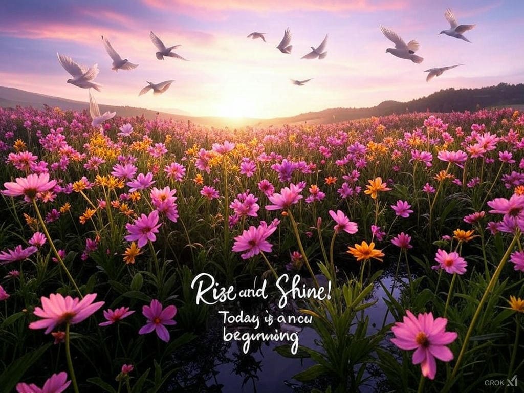 Cheerful good morning image featuring a vibrant sunrise, a meadow of blooming flowers, and peaceful doves flying in the sky.