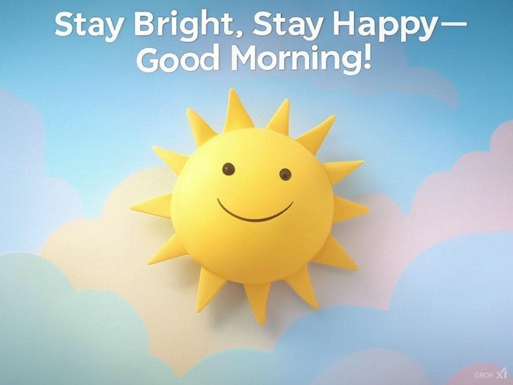 Cheerful good morning illustration of a smiling sun with abstract cloud patterns.
