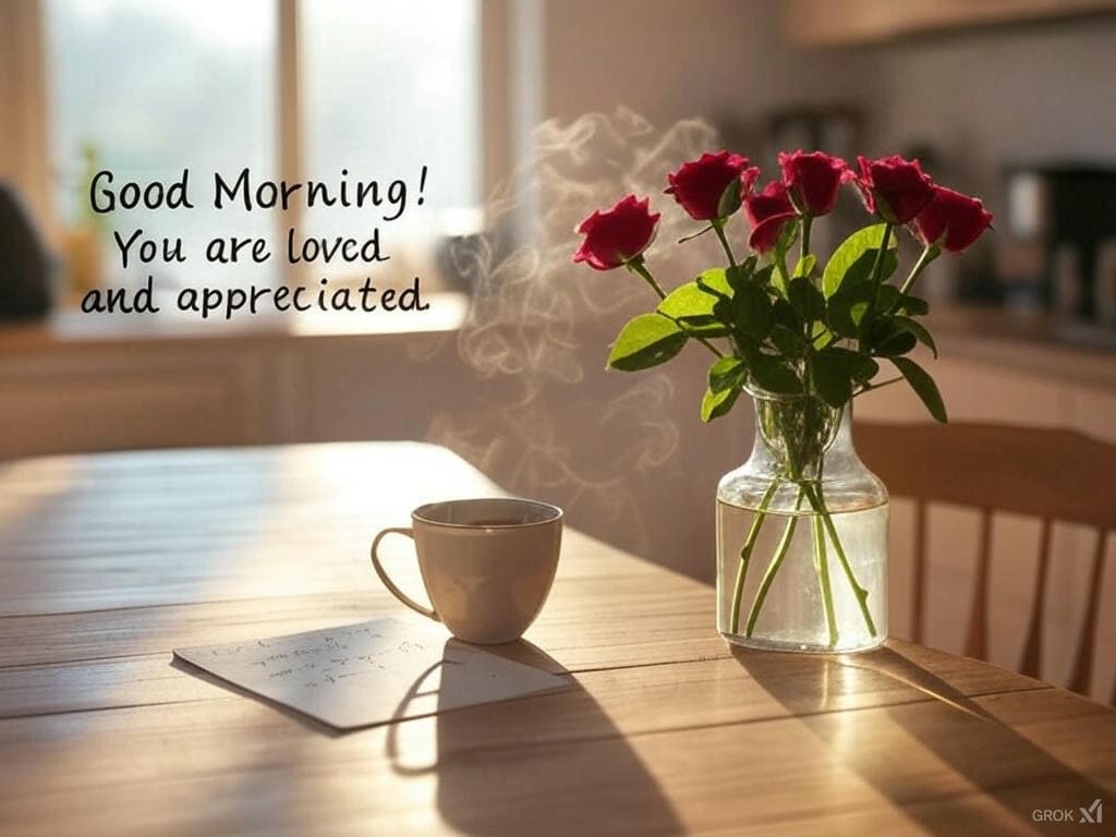 Cozy good morning image with a bouquet of fresh roses, a cup of tea, and a handwritten note on a wooden table.