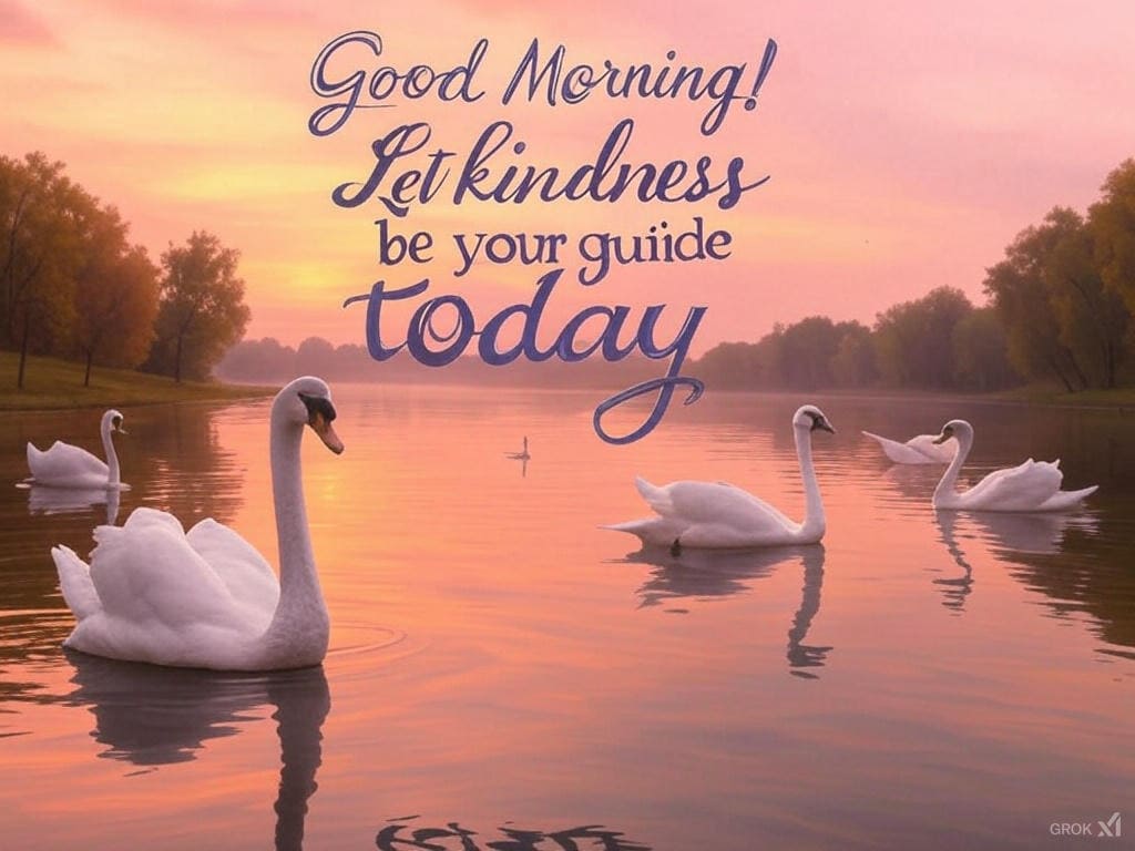 Creative good morning image of swans gliding on a lake during a colorful sunrise.